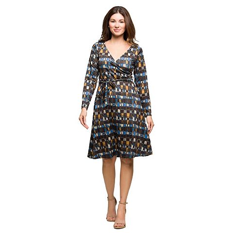 Женские платья 24Seven Women's 24Seven Comfort Apparel Print Long Sleeve Wrap Dress with Belt