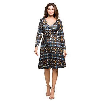 Women's 24Seven Comfort Apparel Print Long Sleeve Wrap Dress with Belt