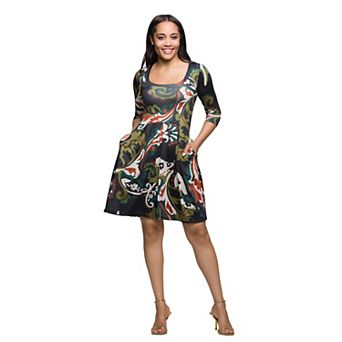 Women's 24Seven Comfort Apparel Print Three-Quarter Sleeve Fit & Flare Dress