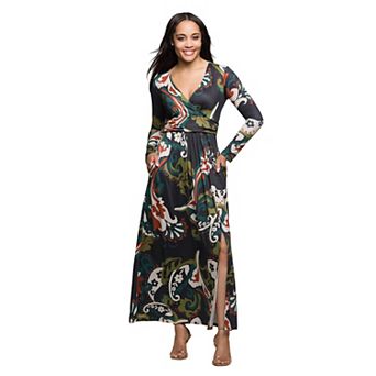 Women's 24Seven Comfort Apparel Print Long Sleeve Wrap Maxi Dress