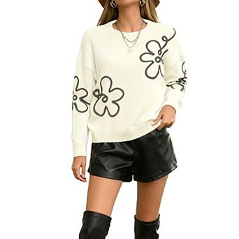 Women's Floral Jacquard Knit Sweater Fashion Round Neck Long Sleeve Pullover Top