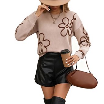 Women's Floral Jacquard Knit Sweater Fashion Round Neck Long Sleeve Pullover Top