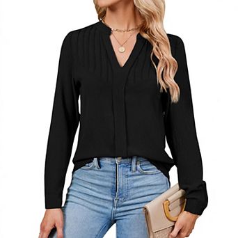 Women's Long Sleeve V-Neck Stand Collar Top with Pleated Detail