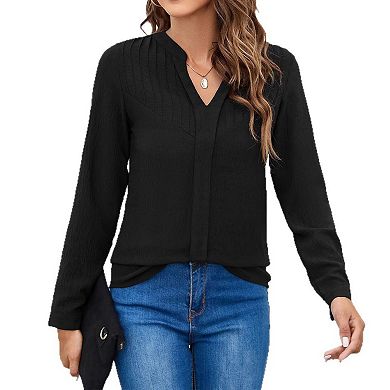 Women's Long Sleeve V-Neck Stand Collar Top with Pleated Detail