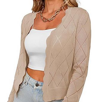 Women's Cropped Cardigan Long Sleeve Open Front Knit Jacket