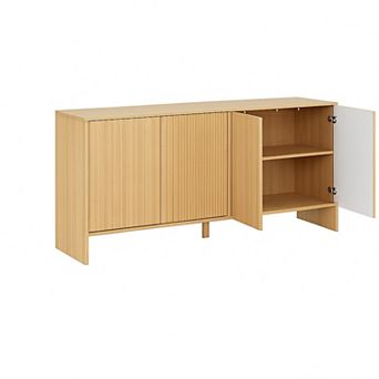 Buffet Cabinet with Storage, 58" Fluted Sideboard Cabinets with 4 Doors & Adjustable Shelves,Natural