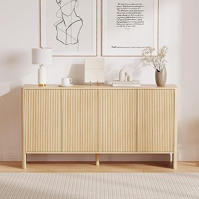 Buffet Cabinet with Storage, 58" Fluted Sideboard Cabinets with 4 Doors & Adjustable Shelves,Natural