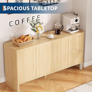 Buffet Cabinet with Storage, 58" Fluted Sideboard Cabinets with 4 Doors & Adjustable Shelves,Natural