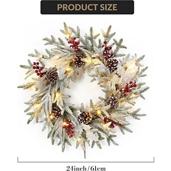 Fancihabor 24 in Christmas Wreath Pre-Lit Green with 20 LED Berries Pine Cones Snow
