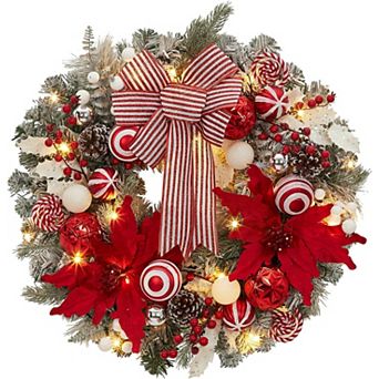 Fancihabor 24 in Christmas Wreath Pre-Lit Red White with Balls Flowers Bow for Fireplace Wall