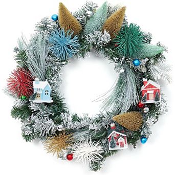 Fancihabor 24 in Christmas Village Wreath Green with Pinecones Snow for Front Door Farmhouse Decor