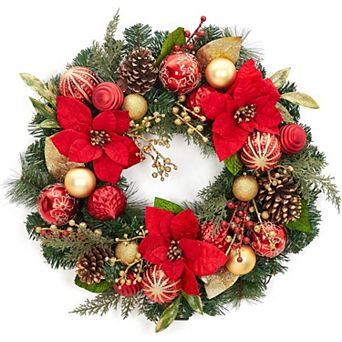 Fancihabor 24 in Christmas Wreath Pre-Lit Red Gold with 20 LED Balls for Front Door Fireplace