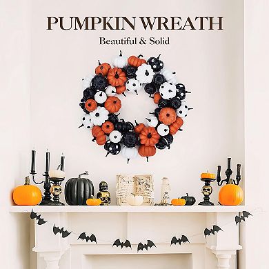 Fancihabor 18in Pumpkin Fall Wreath Orange Black White Rattan Bottom for Thanksgiving Decor