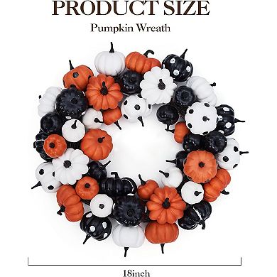 Fancihabor 18in Pumpkin Fall Wreath Orange Black White Rattan Bottom for Thanksgiving Decor