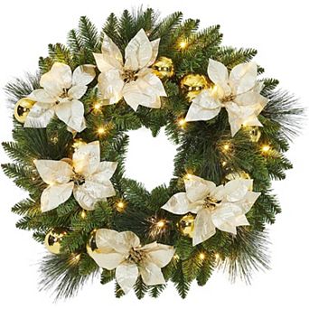 Fancihabor 24 in Christmas Wreath Pre-Lit Green with Frosted Pine Cones Berries Indoor Outdoor