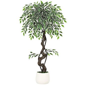 Ultra-Realistic Artificial Ficus Tree with Adjustable Leaves in White Ceramic Planter for Home Decor