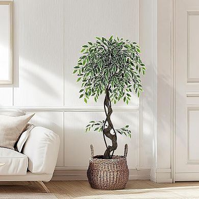Ultra-Realistic Artificial Ficus Tree with Adjustable Leaves in White Ceramic Planter for Home Decor