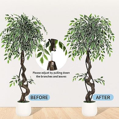 Ultra-Realistic Artificial Ficus Tree with Adjustable Leaves in White Ceramic Planter for Home Decor