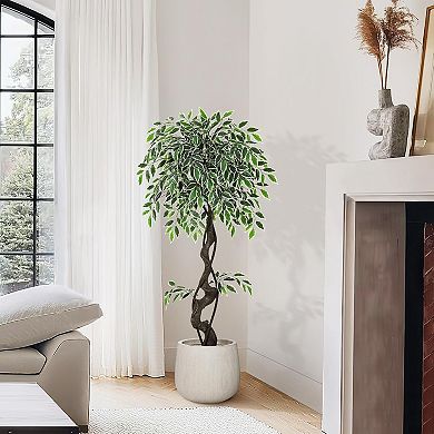 Ultra-Realistic Artificial Ficus Tree with Adjustable Leaves in White Ceramic Planter for Home Decor