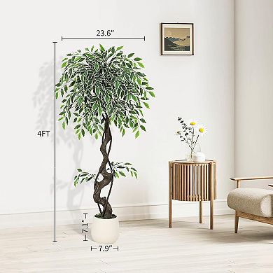 Ultra-Realistic Artificial Ficus Tree with Adjustable Leaves in White Ceramic Planter for Home Decor