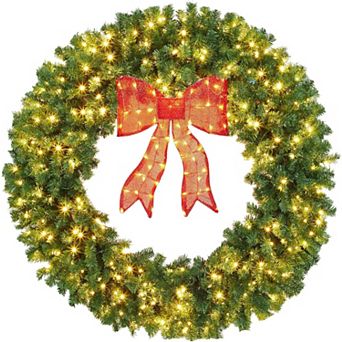 Fancihabor 36 in Christmas Wreath Pre-Lit Green Large Weather Resistant LED Red Bow