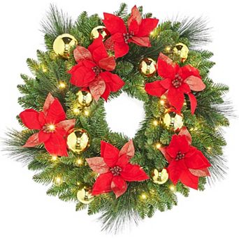 Fancihabor 24 in Christmas Wreath Pre-Lit Green with Frosted Pine Cones Berries Indoor Outdoor