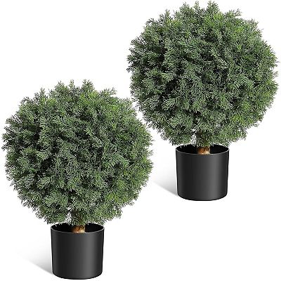 Set of 2 UV Resistant Artificial Cedar Topiary Ball Trees in Black Pots,  Outdoor Faux Plants