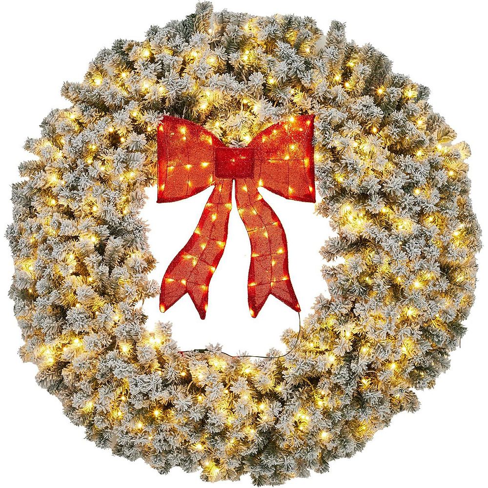 Fancihabor 60in Christmas Wreath Pre-Lit Green Flocked with Bow for ...