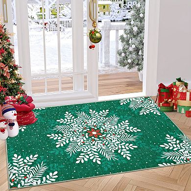 Christmas Snowflake Washable Area Rug runner,Living Room Bedroom,Low Pile Rugs for Dining Room