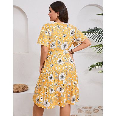 Women Plus Size V Neck Wrap Dress High Waist Short Sleeve Ruffle Midi Dress with Belt