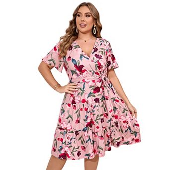 Women Plus Size V Neck Wrap Dress High Waist Short Sleeve Ruffle Midi Dress with Belt