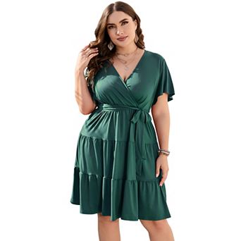 Women Plus Size V Neck Wrap Dress High Waist Short Sleeve Ruffle Midi Dress with Belt