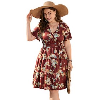 Women Plus Size V Neck Wrap Dress High Waist Short Sleeve Ruffle Midi Dress with Belt
