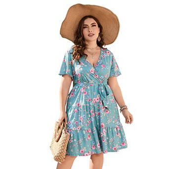 Women Plus Size V Neck Wrap Dress High Waist Short Sleeve Ruffle Midi Dress with Belt