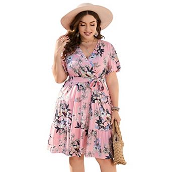 Women Plus Size V Neck Wrap Dress High Waist Short Sleeve Ruffle Midi Dress with Belt