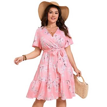 Women Plus Size V Neck Wrap Dress High Waist Short Sleeve Ruffle Midi Dress with Belt