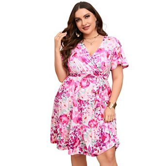 Women Plus Size V Neck Wrap Dress High Waist Short Sleeve Ruffle Midi Dress with Belt