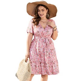 Women Plus Size V Neck Wrap Dress High Waist Short Sleeve Ruffle Midi Dress with Belt