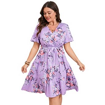 Women Plus Size V Neck Wrap Dress High Waist Short Sleeve Ruffle Midi Dress with Belt