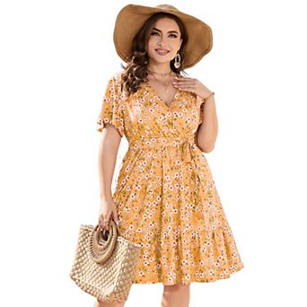 Women Plus Size V Neck Wrap Dress High Waist Short Sleeve Ruffle Midi Dress with Belt