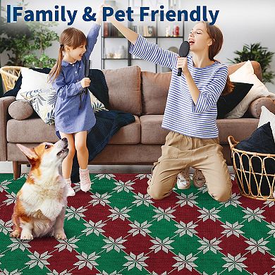 Christmas Area Rug Machine Washable Entryway Runner Low Pile Red/Green Xmas Non-Slip Carpet for Room