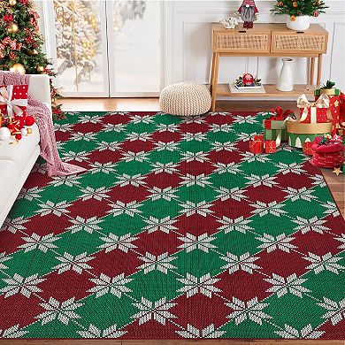 Christmas Area Rug Machine Washable Entryway Runner Low Pile Red/Green Xmas Non-Slip Carpet for Room