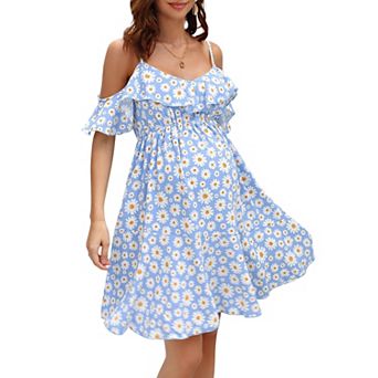 Women's Maternity Nursing Dress V-Neck Spaghetti Strap Ruffle Sleeve Daisy Print A-Line Swing Dress