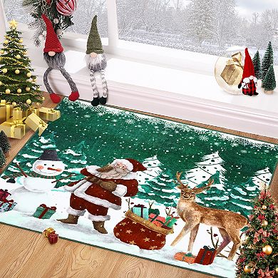 Christmas Area Rug Machine Washable Xmas Santa Claus Rug Non Slip Entryway Runner Rug Low Pile Rugs