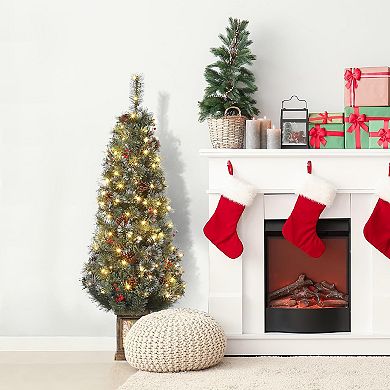 4.5 ft Pre Lit Flocked Artificial Christmas Tree with Pine Cones