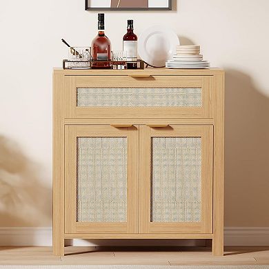 Rattan Buffet Cabinet with Storage,Boho Console Table Sideboard Coffee Bar for Home Kitchen Entryway