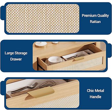 Rattan Buffet Cabinet with Storage,Boho Console Table Sideboard Coffee Bar for Home Kitchen Entryway