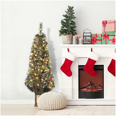 4.5 ft Pre Lit Flocked Artificial Christmas Tree with Pine Cones