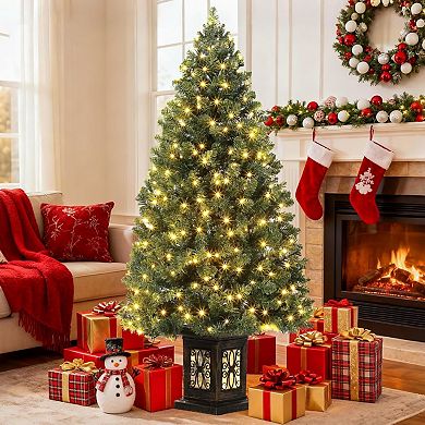 4.5 Ft Pre-Lit Snow Flocked Christmas Tree Potted Holiday Xmas Tree