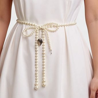 Women's Beaded Pearl Waist Belt with Heart Charm and Bow Tie Accent 59 in